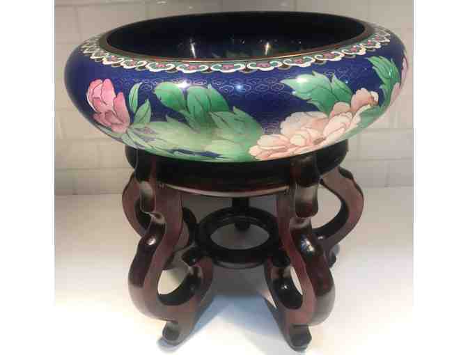 Cloisonne' Bowl, Large with Bird and Flowers, includes wooden stand - Photo 1
