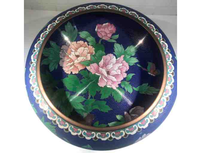 Cloisonne' Bowl, Large with Bird and Flowers, includes wooden stand