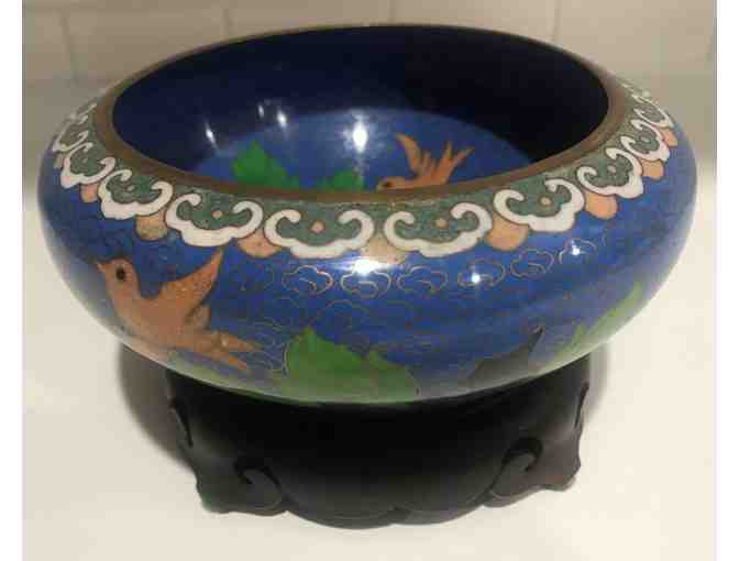 Small Cloisonne' Bowl with bird and flowers, includes wooden stand