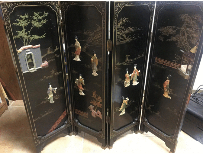 Chinese 36" tall vintage hand carved 4 panel Folding Wood Screen Hand Painted - Photo 1
