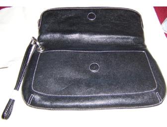 Black leather pebbled fold over clutch
