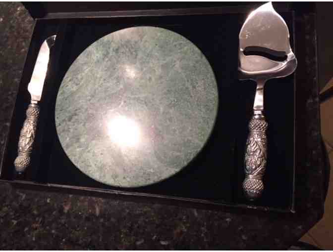Green Marble Cheese Plate with Two Cheese Knives