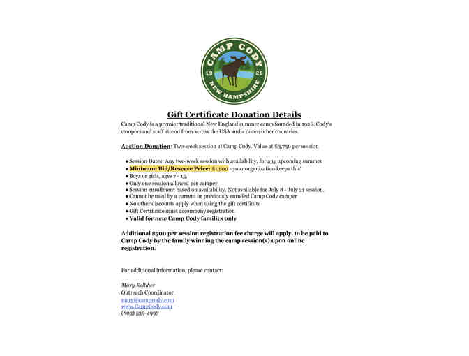 Camp Cody Two-Week Gift Certificate