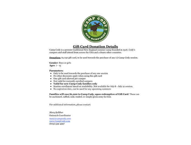 Camp Cody $1,750 Gift Card!