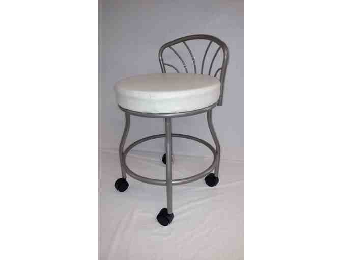 White Leather & Silver Rolling Stool