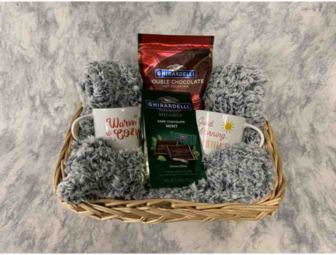 Hot Cocoa Gift Basket with Two Mugs and Pillow