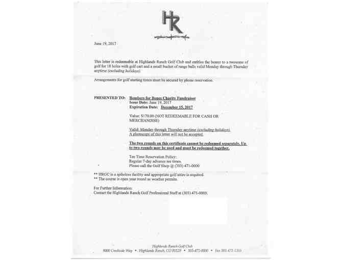 18 hole Twosome with cart and small bucket of range balls at Highlands Ranch Golf Club