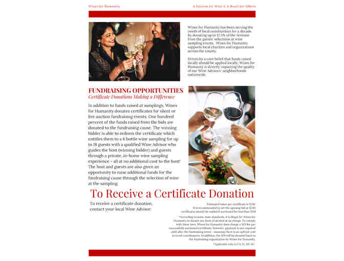 Wines For Humanity In Home Wine tasting with 6 bottles of premium wine for up to 18 people