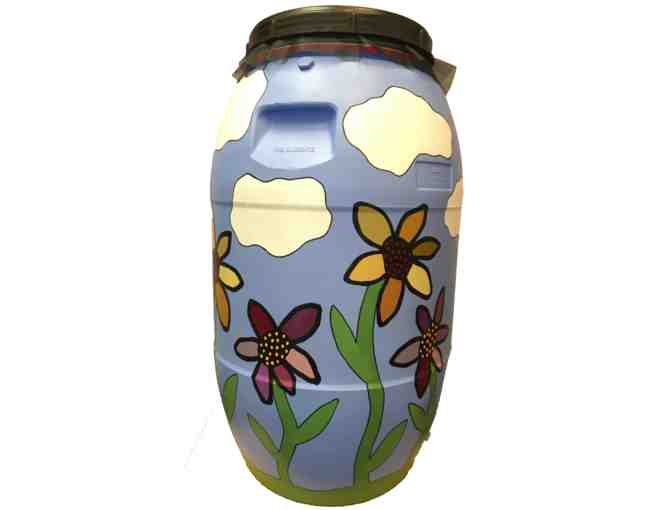 Painted rain barrel by Susie Levin