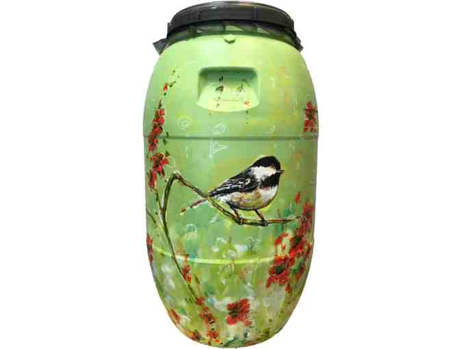 'Birds of a Feather Conserve Together' painted rain barrel by Catherine Pistone