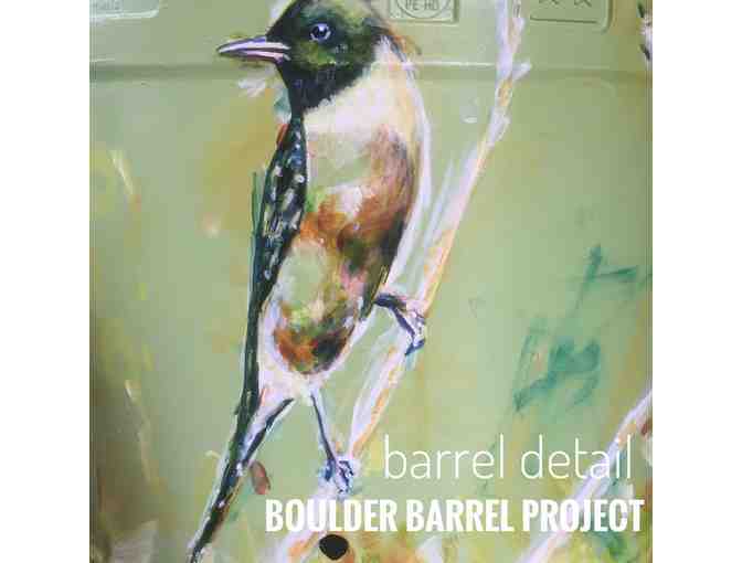 'Birds of a Feather Conserve Together' painted rain barrel by Catherine Pistone