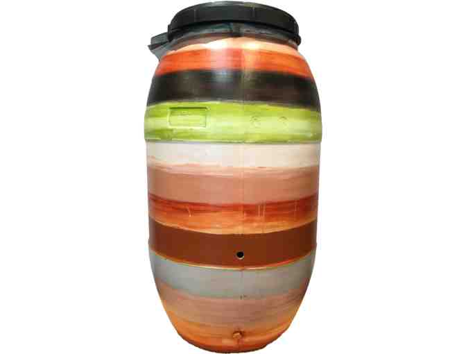 'Earthbound' painted rain barrel by Laura Tyler