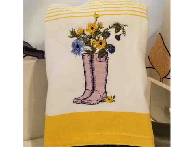Got Boots? Adorable Ceramic Boots Bird House and Planter, Bird Seed and Kitchen Towel.