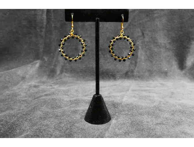 Classic Gold Circle Earrings with Black Iridescent Beads - Photo 1