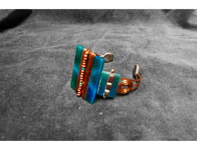 Blue-Green Cut Glass Copper Cuff Bracelet with Copper Wire and Bead Accents - Photo 1