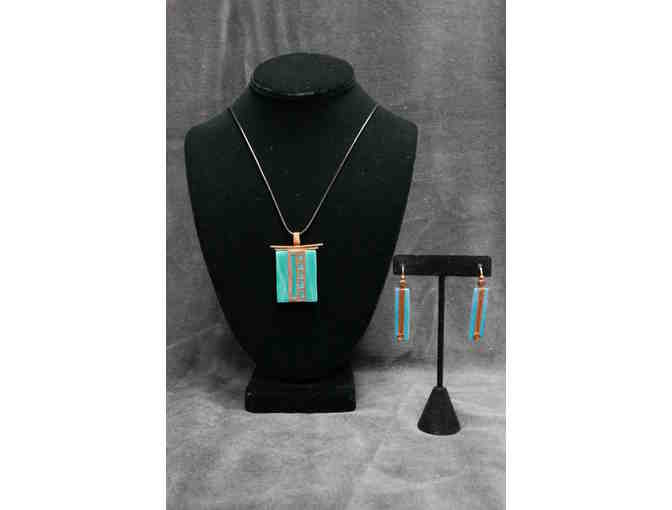 Handcrafted Art Deco Cut Glass and Copper Pendant and Dangle Earrings
