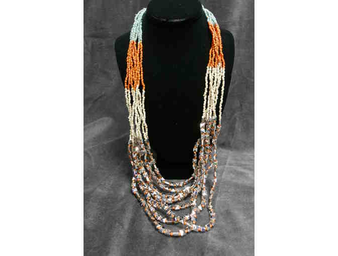 Indonesian Orange Batik Scarf with Matching Multi-Strand Necklace and Beaded Earrings