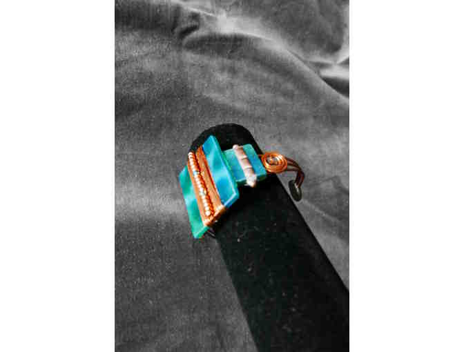 Blue-Green Cut Glass Copper Cuff Bracelet with Copper Wire and Bead Accents