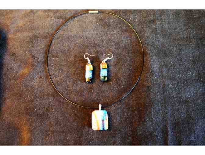 16" Cord Necklace w/ Blue and Silver Fused Glass Pendant & Matching Drop Earrings - Photo 1