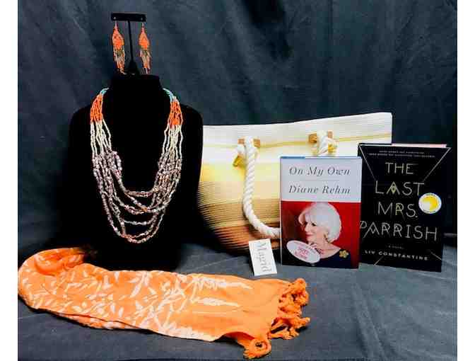 Summer Reading Fashion: Beach Bag, 2 Author-signed Books, Scarf, Necklace + Earrings