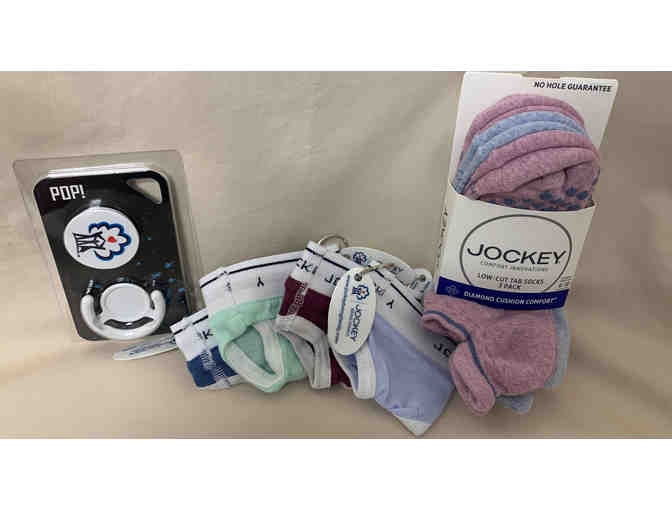 $100 Jockey Gift Card + Women's Sleep Set (Large), 3-Pack Socks, 4 Mini Brief Key Chains