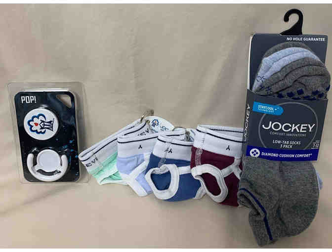 $100 Jockey Gift Card + Men's Sleep Set (Large), 3-Pack Socks, 4 Mini Brief Key Chains