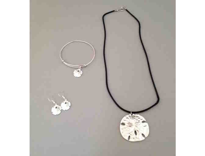 Sand Dollar earrings, bracelet, necklace