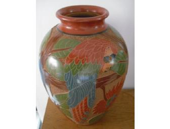 Nicaraguan pottery vase, etched & painted, with parrots & trees