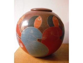 Nicaraguan pottery jar & lid, etched & painted, with indigenous women