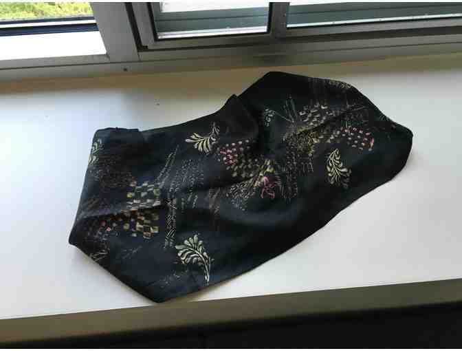Black, hand dyed, gold stamped, silk scarf