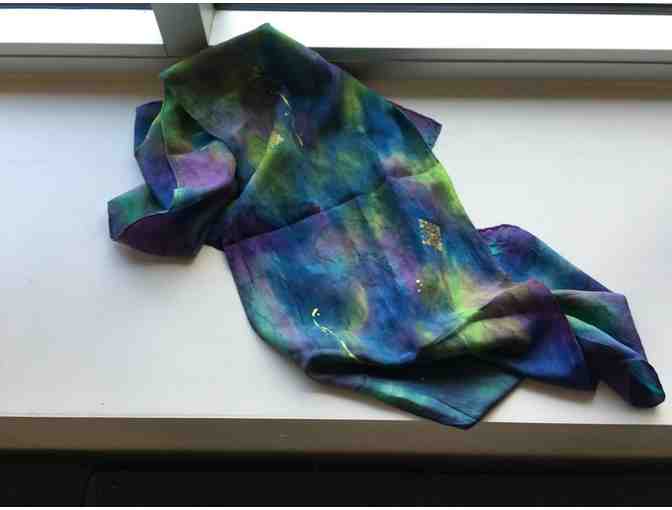 Artist made multi-colored hand dyed silk scarf with gold motif