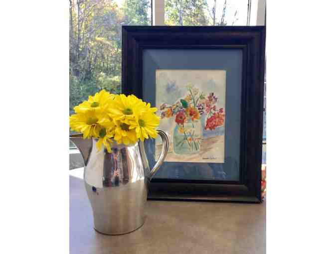 Still life painting of summer flowers and Paul Revere pitcher