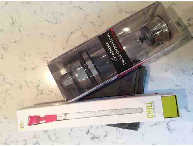 Wine chiller, electric cocktail mixer and kitchen towels