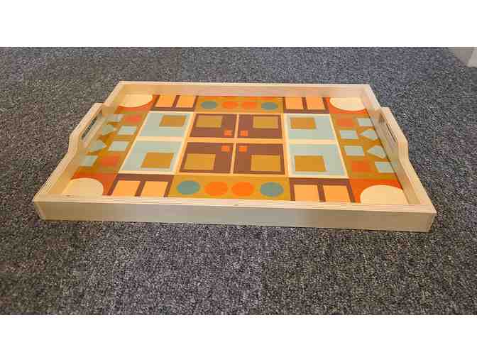 Handcrafted Colorful Orange and Blue Square Pattern Large Wooden Tray