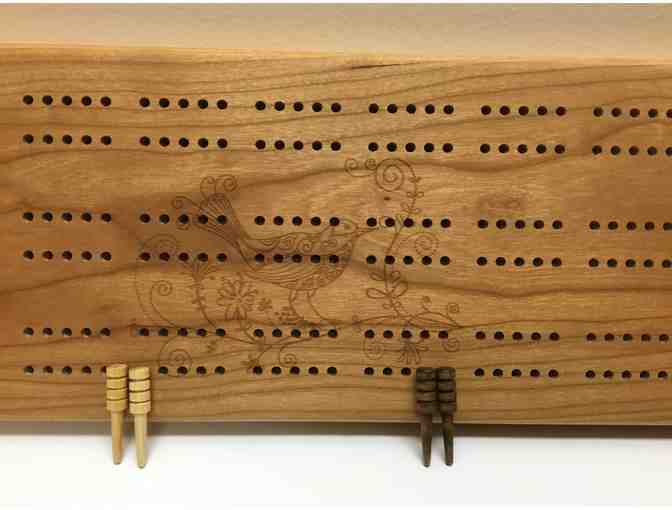 Handcrafted Cribbage board including pegs and a deck of cards