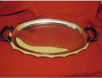 WHITE METAL TRAY with BLACK HANDLES by Godinger