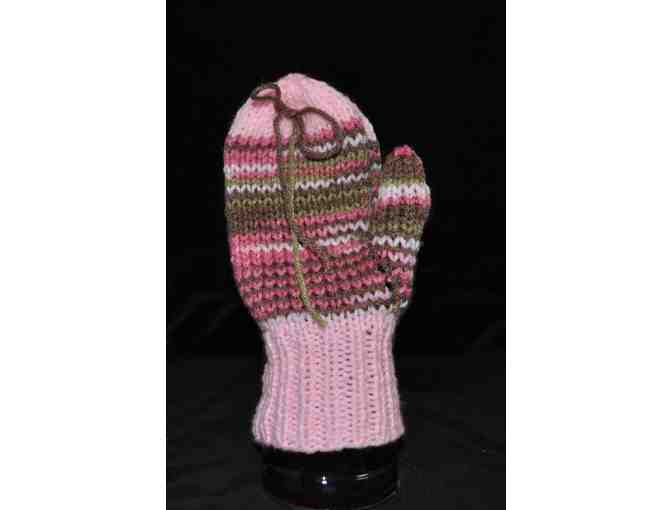 Children's Hand Knit Pink and Brown Mittens For 6-7 Year Old