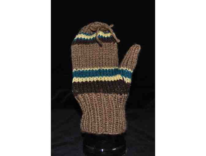 Children's Hand Knit Brown and Teal Mittens For 4-6 Year Old