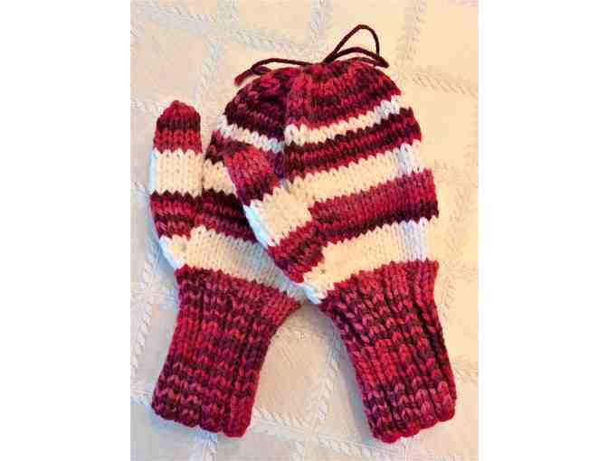Children's Hand Knit Red & White Mittens For 6-8 Year Old