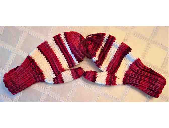 Children's Hand Knit Red & White Mittens For 6-8 Year Old - Photo 2