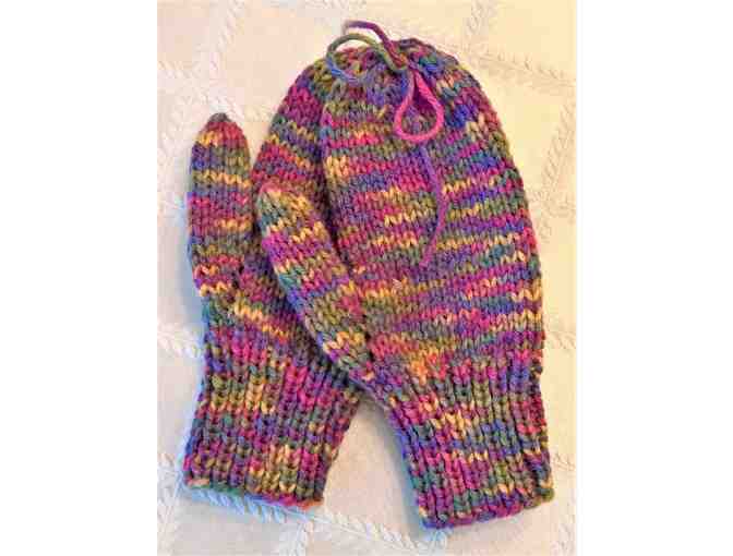 Children's Hand Knit Variegated Purple, Pink & Green Mittens For 6-8 Year Old - Photo 1