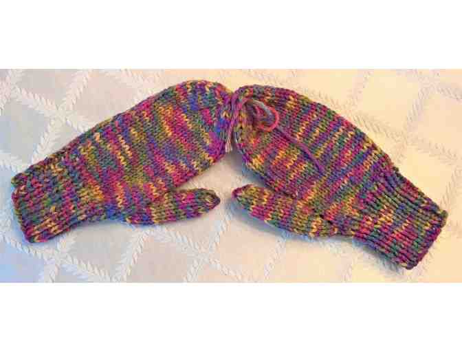 Children's Hand Knit Variegated Purple, Pink & Green Mittens For 6-8 Year Old