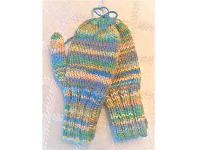Children's Hand Knit Variegated Blue, Green & Cream Mittens For 4-6  Year Old - Photo 1