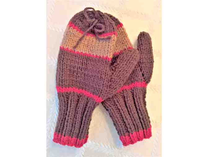 Children's Hand Knit Brown & Red Mittens For 6-8 Year Old - Photo 1