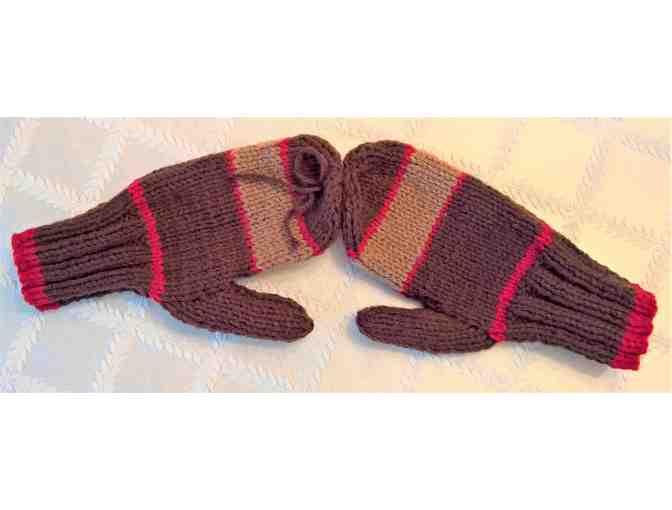 Children's Hand Knit Brown & Red Mittens For 6-8 Year Old - Photo 2