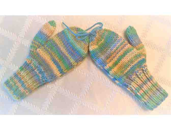 Children's Hand Knit Variegated Blue, Green & Cream Mittens For 4-6  Year Old - Photo 2