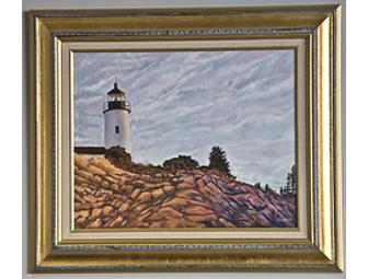 'Light House on Rocks' airbrush painting by Roger Burton