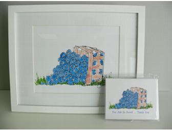 Framed line drawing of a blueberry basket, with note cards