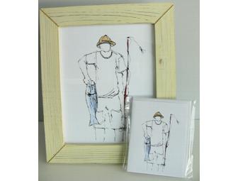 Framed fisherman line drawing with note cards