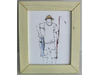 Framed fisherman line drawing with note cards